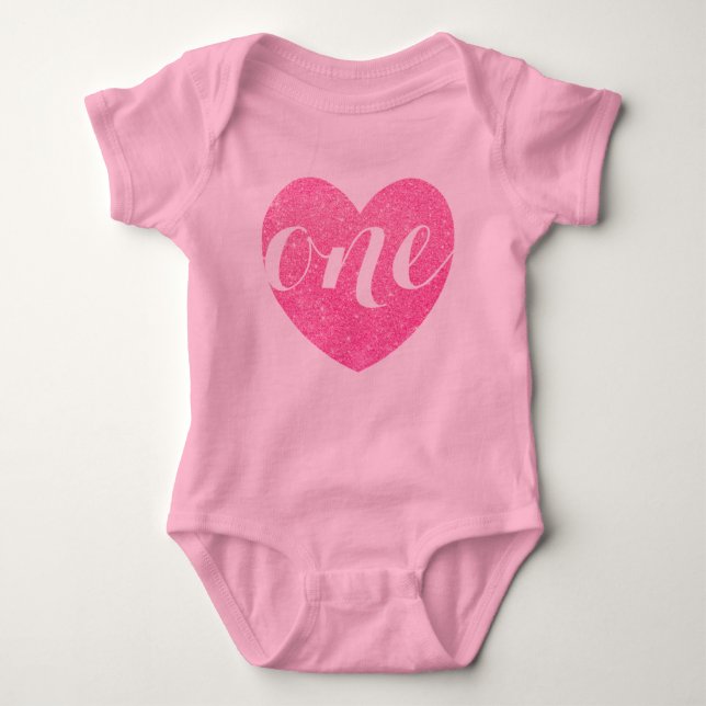 1st Birthday Baby Girl Glitter heart-Print Pink Baby Bodysuit (Front)