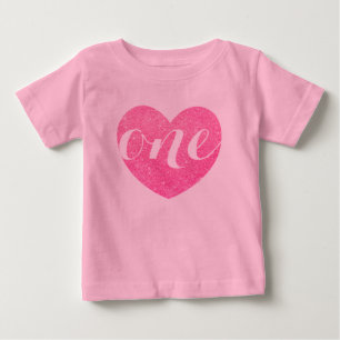 1st Birthday Baby Girl Glitter heart-Print Pink T-Shirt