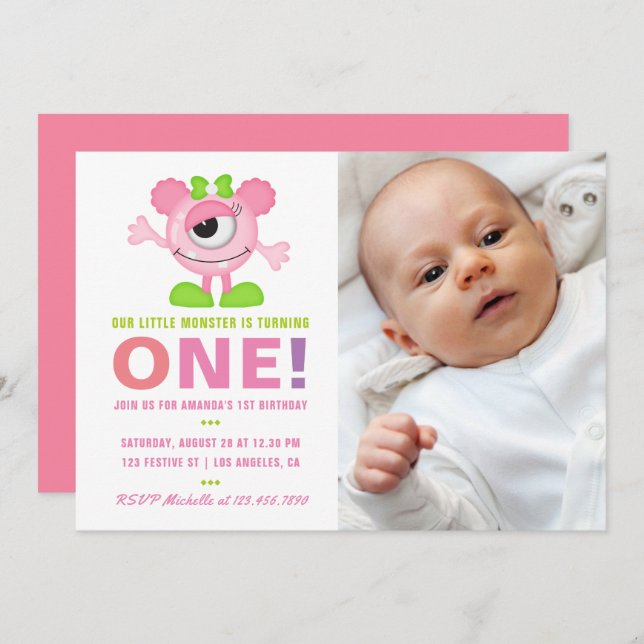 1st Birthday Baby Girl Little Monster Invitation (Front/Back)