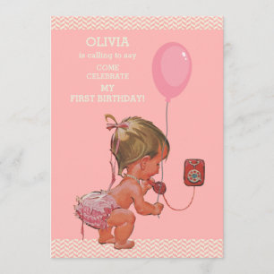 1st Birthday Baby Girl Phone Balloon Chevrons Invitation
