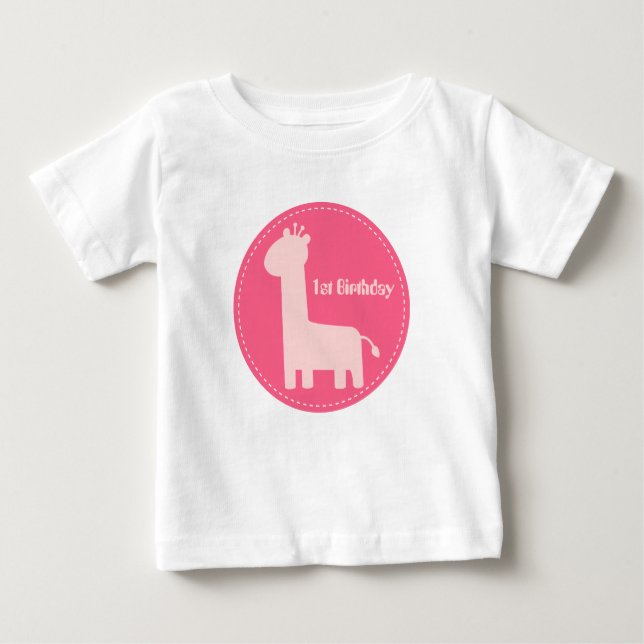 1st Birthday - Baby Girl Pink Giraffe Silhouette Baby T-Shirt (Front)