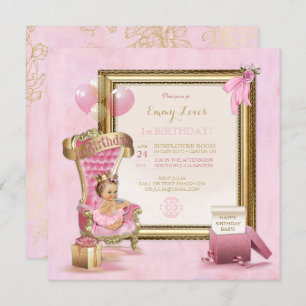 1st Birthday Baby Girl Princess Throne Gold Pink Invitation