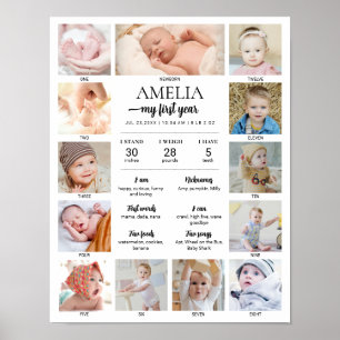 1st Birthday Baby Milestone Custom Photo Collage Poster