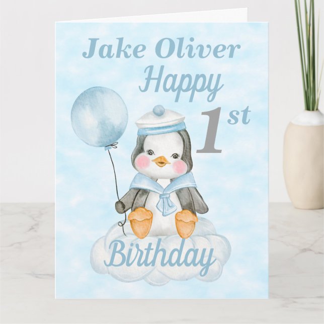 1st Birthday Baby Penguin Blue Big Card (Front)