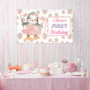 1st Birthday Ballerina Penguin Pink Banner