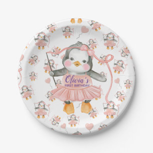 1st Birthday Ballerina Penguin Pink  Paper Plate