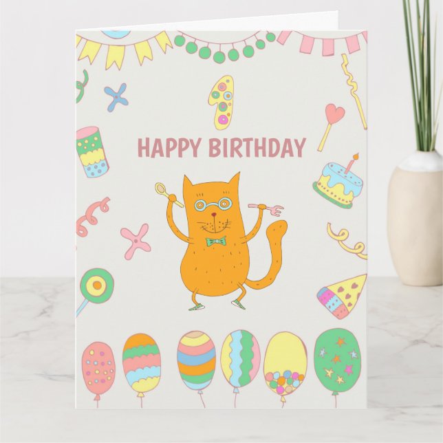 1st birthday. Balloons and red cat. Card (Front)