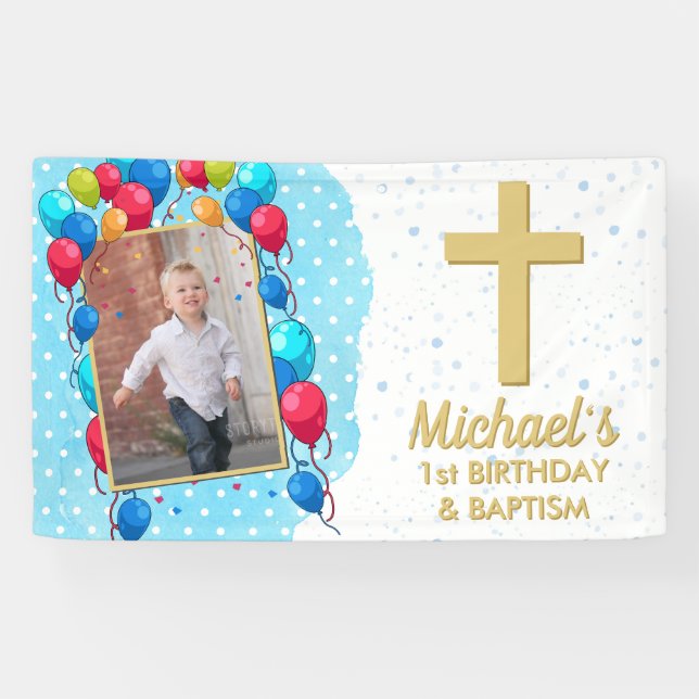 1st Birthday Baptism Blue Boy Gold Text Photo Banner (Horizontal)