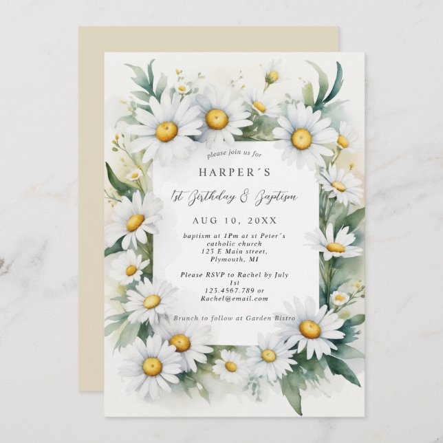 1st Birthday Baptism daisy flowers Invitation (Front/Back)