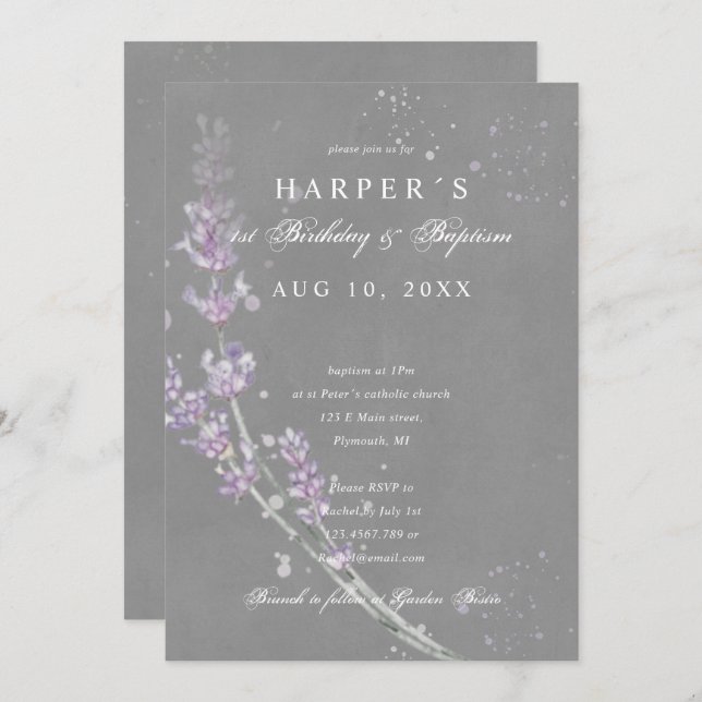 1st Birthday Baptism lavender flowers grey Invitation (Front/Back)