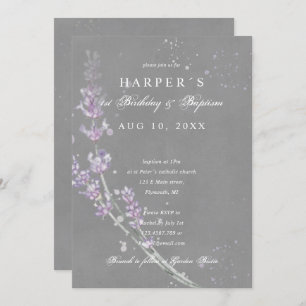 1st Birthday Baptism lavender flowers grey Invitation