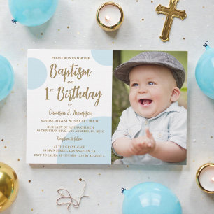 1st Birthday Baptism Photo Blue Gold Custom Invitation