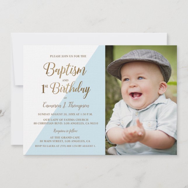 1st Birthday Baptism Photo Blue Gold Glitte Custom Invitation (Front)