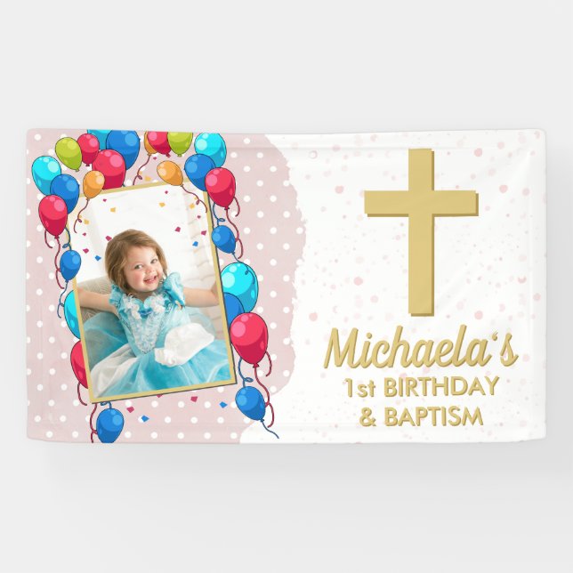 1st Birthday Baptism Pink Girl Gold Text Photo Banner (Horizontal)