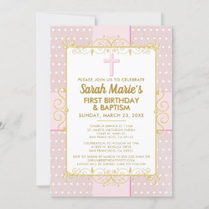 1st Birthday Baptism Pink Gold Text Polka Dot Invitation