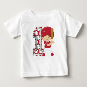 1st Birthday Baseball Batter Red and White Baby T-Shirt