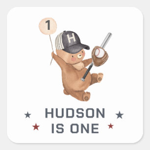 1st Birthday Baseball Bear Square Sticker
