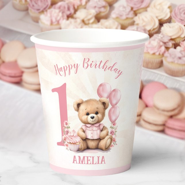1st Birthday Bear Pink Balloons Paper Cups (1st Birthday Bear Pink Balloons Paper Cups)