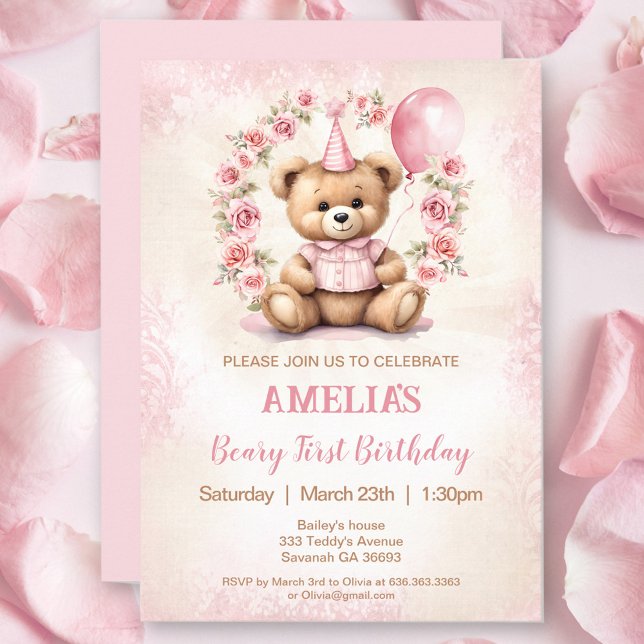 1st Birthday Bear Pink Roses Invitation (1st Birthday Bear Pink Roses Invitation)