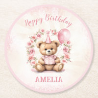 1st Birthday Bear Pink Roses Round Paper Coaster