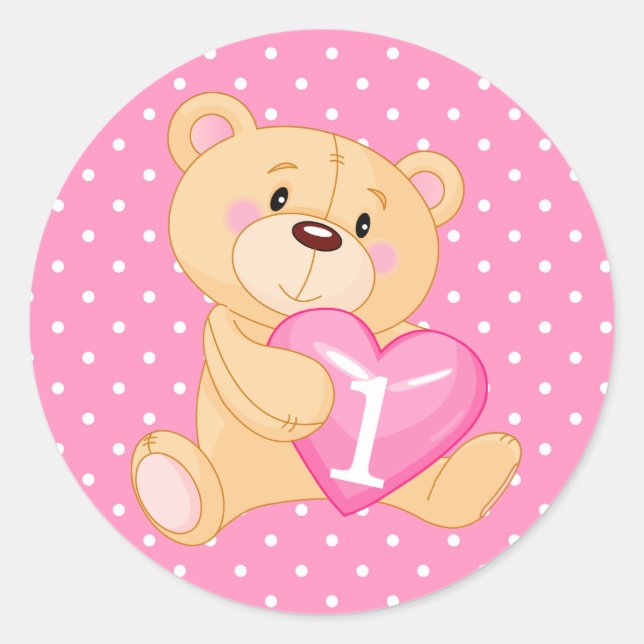 1st Birthday Bear with Heart Classic Round Sticker (Front)