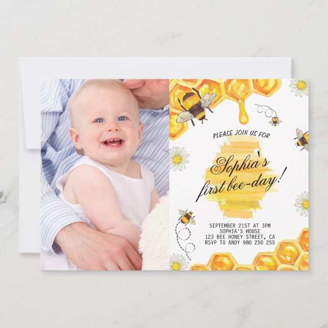 1st Birthday Bee Honey Girl First Photo Invitation (Front)