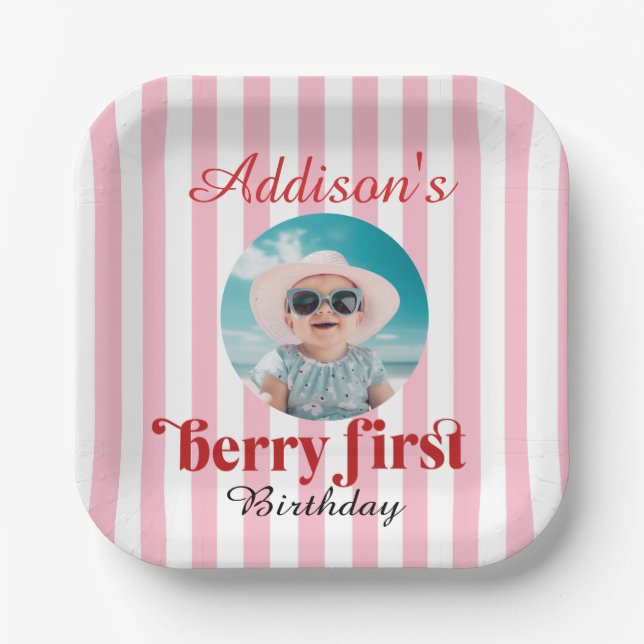1st Birthday Berry-Sweet Birthday with Photo  Paper Plate (Front)