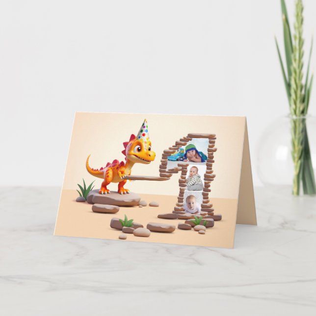 1st Birthday Big Number Photo | Dino Little Dragon Card (Front)