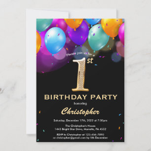 1st Birthday Black and Gold Colourful Balloons Invitation