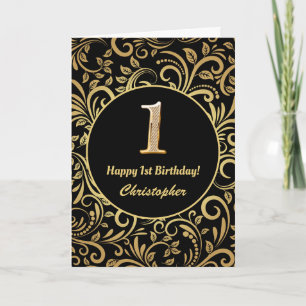 1st Birthday Black and Gold Floral Pattern Card