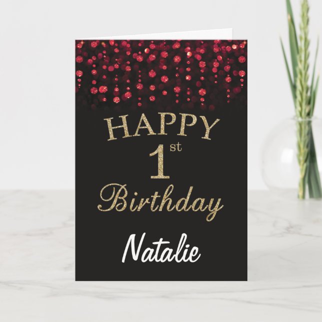 1st Birthday Black and Red Gold Glitter Card (Front)