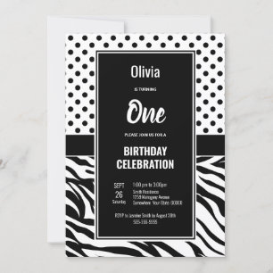 1st Birthday Black and White Party Invitation