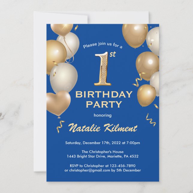 1st Birthday Blue and Gold Glitter Balloons Invitation (Front)