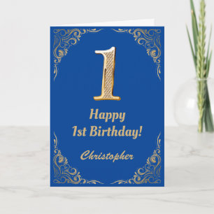 1st Birthday Blue and Gold Glitter Frame Card
