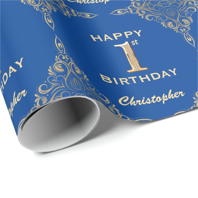 1st Birthday Blue and Gold Glitter Frame Wrapping Paper (Roll Corner)