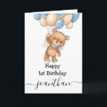 1st birthday blue balloon teddy card<br><div class="desc">1st birthday blue balloon boy teddy
sweet baby teddy personalised baby card for a little boy.  Click the "Customise it!" button to change the text size,  text colour,  font style and more!</div>