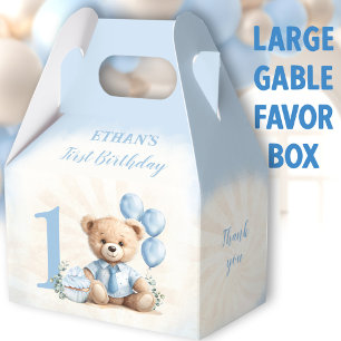 1st Birthday Blue Beige Bear Number Large Gable Favour Box