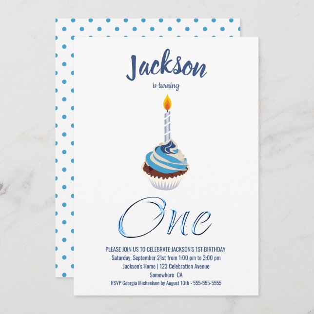 1st Birthday Blue Cupcake Party Invitation (Front/Back)