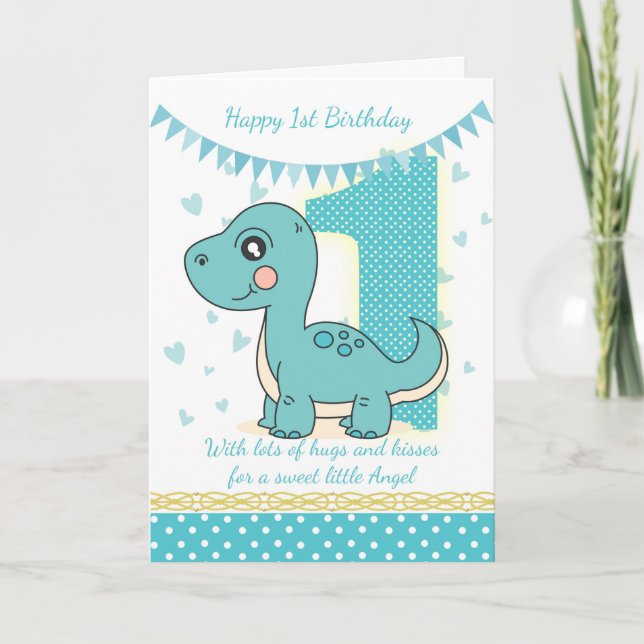 1st Birthday Blue Dinosaur Card, Babys 1st Card (Front)