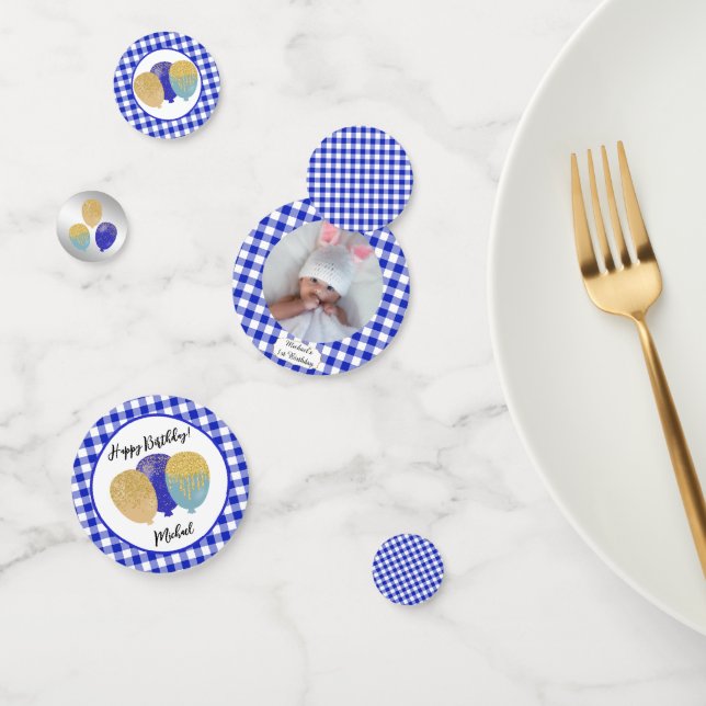 1st Birthday Blue Gingham Balloons & Photo Confetti (Group)
