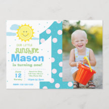 1st Birthday Blue Sunshine Party invite with photo