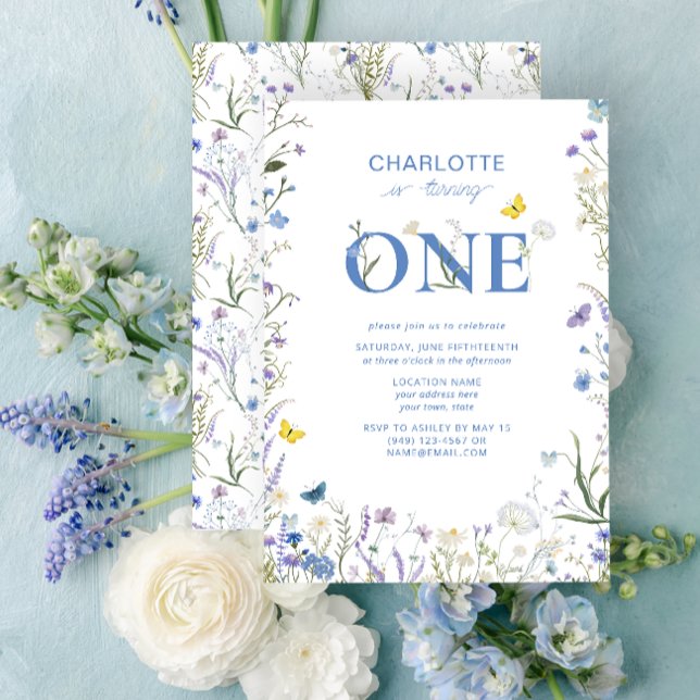 1st Birthday Blue Wildflower Garden Is Turning One Invitation (1st Birthday Invitation)