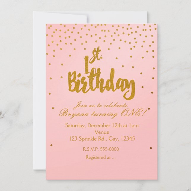 1st Birthday Blush Pink & Gold Confetti Invitation (Front)