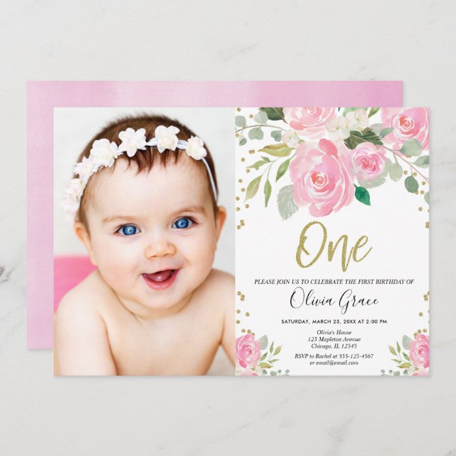 1st birthday blush pink gold floral photo birthday invitation (Front/Back)