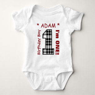1st Birthday Boy BLACK PLAID Year Custom Name C05 Baby Bodysuit