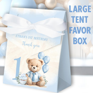 1st Birthday Boy Blue Beige Teddy Bear Large Tent Favour Box