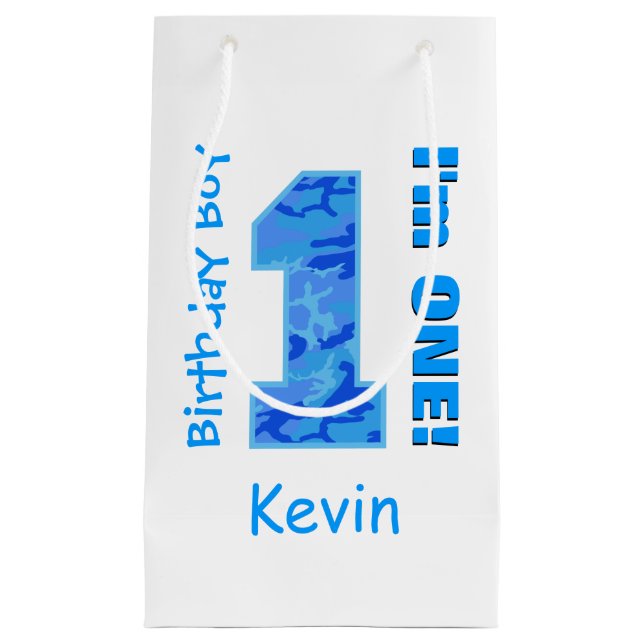 1st Birthday Boy Blue Camo One Year Old B3BZ Small Gift Bag (Front)