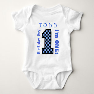 1st Birthday Boy BLUE CHECKS Year Custom Name C04 Baby Bodysuit