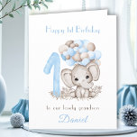 1st Birthday Boy Blue Cute Elephant Balloons Card<br><div class="desc">Cute folded card with an adorable elephant,  big number one and balloons in soft blue and grey shades for the 1st Birthday of a baby boy. Easily personalise this card with your own text. - Kate Eden Art</div>