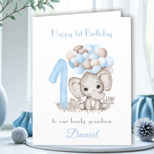1st Birthday Boy Blue Cute Elephant Balloons Card (1st Birthday Boy Blue Cute Elephant Balloons Card)